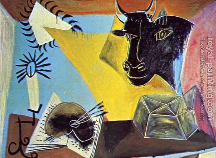 Pablo Picasso : still life with a balck bull book palette and chandelier